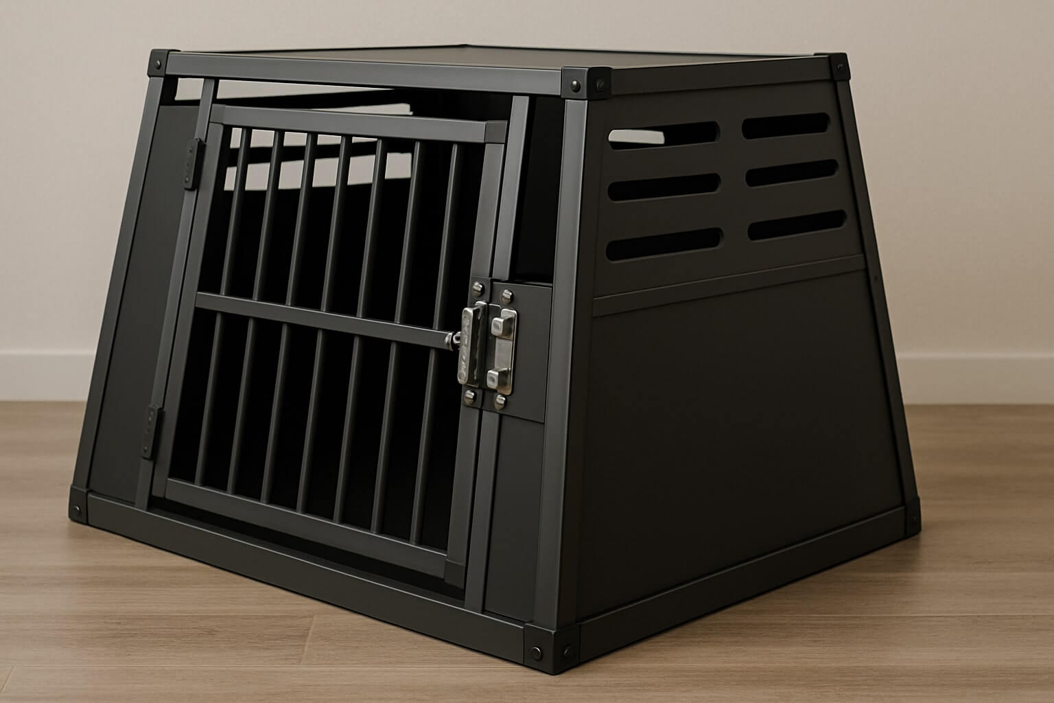 A robust, dark-colored aluminum dog crate designed for large breeds, with secure latches and ventilation slots.
