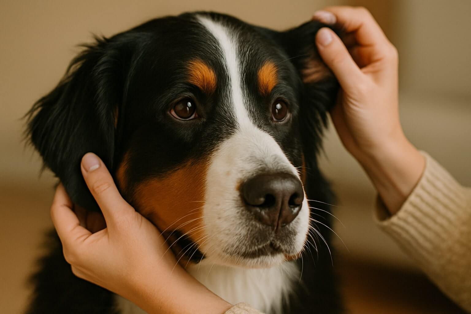 A large breed dog, possibly a Bernese Mountain Dog, being gently examined by its owner, focusing on its face and ears.